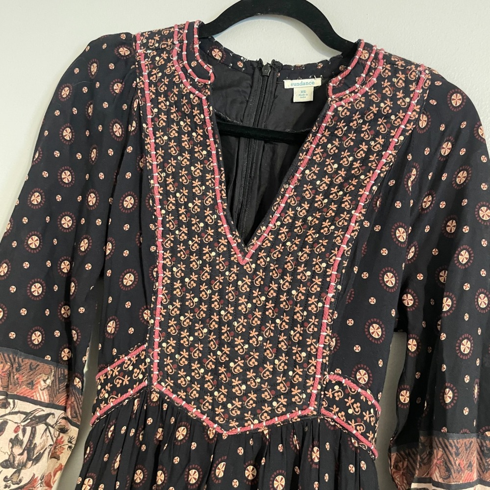 Sundance Maxi Dress Womens XS Black Floral Embroidered Long Sleeve Boho Peasant - Picture 1 of 14